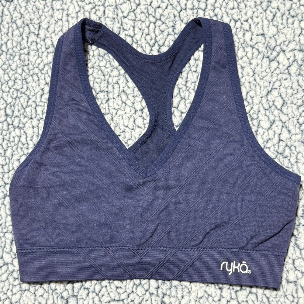 Ryka Womens Navy Blue Seamless Chevron Textured Racerback Sports Bra Size Medium